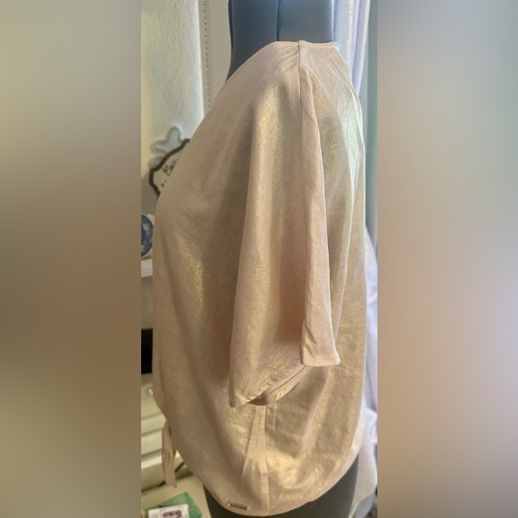 NWT ANNE KLEIN Pink & Gold Linen Blend Pearlescent Sz M Bowed Front Hem Luxury - Picture 4 of 10